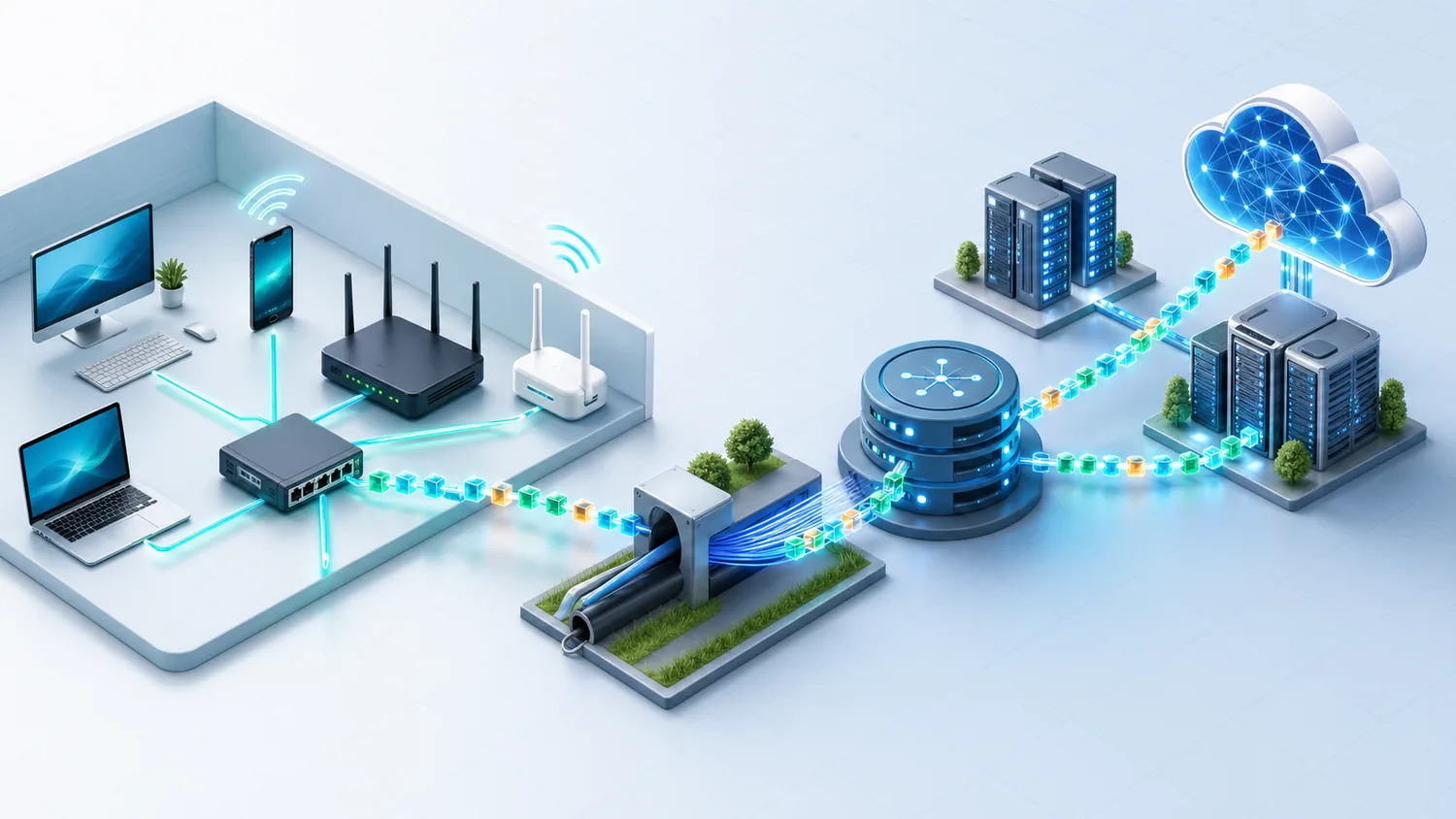 家庭や学校のLANがルータ、回線、ISP、サーバへ接続するネットワーク全体像のイメージ